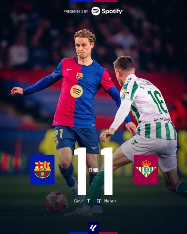 pp电子-【西甲】加维闪击，巴萨1-1贝蒂斯，领先皇马4分